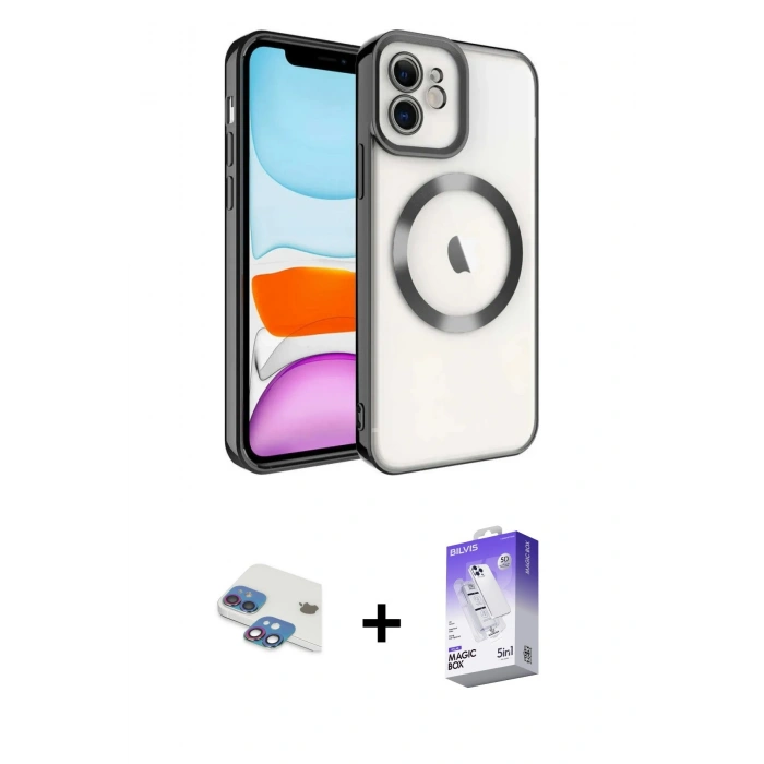 MARSİLYAN™- iPhone 11 Kılıf Nova Işık Özel Seri - Siyah Bilvis 5in1 3D Magic Cam Ekran Koruyucu + Pers Alüminyum Kamera Lens - GI