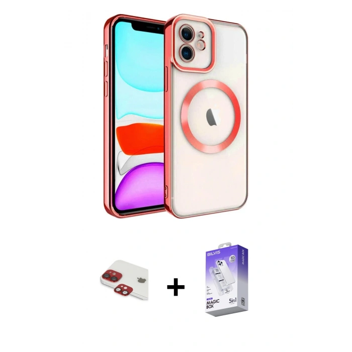 MARSİLYAN™- iPhone 11 Kılıf Nova Işık Özel Seri - Siyah Bilvis 5in1 3D Magic Cam Ekran Koruyucu + Kırmızı Pers Alüminyum Kamera Lens