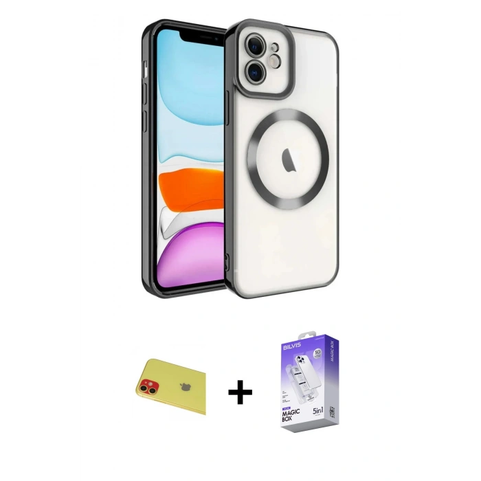 MARSİLYAN™- iPhone 11 Kılıf Nova Işık Özel Seri - Siyah Bilvis 5in1 3D Magic Cam Ekran Koruyucu + Rainbow Kamera Lens Koruma Cam - KI