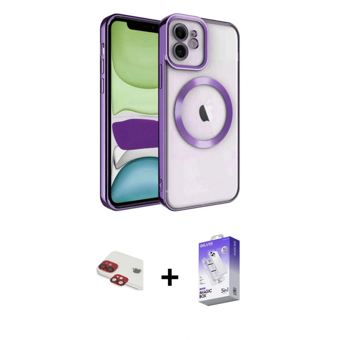 MARSİLYAN™- iPhone 11 Kılıf Nova Işık Özel Seri - Siyah Bilvis 5in1 3D Magic Cam Ekran Koruyucu + Kırmızı Pers Alüminyum Kamera Lens
