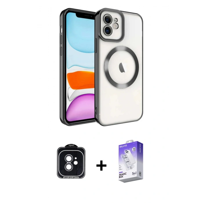 MARSİLYAN™- iPhone 11 Kılıf Nova Işık Özel Seri - Siyah Bilvis 5in1 3D Magic Cam Ekran Koruyucu + Siyah PVD Metal Kamera Lens