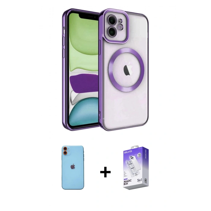 MARSİLYAN™- iPhone 11 Kılıf Nova Işık Özel Seri - Siyah Bilvis 5in1 3D Magic Cam Ekran Koruyucu + Turuncu Neon Fosforlu Kamera Lens