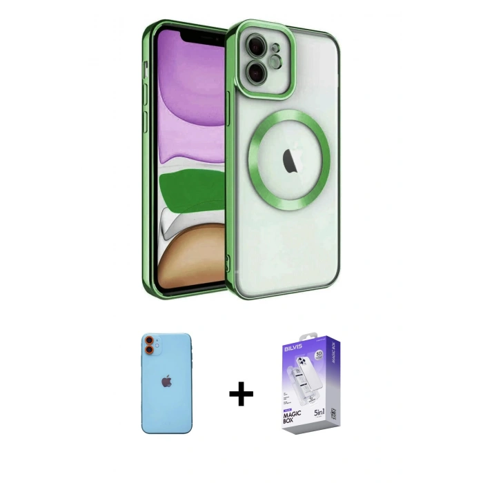 MARSİLYAN™- iPhone 11 Kılıf Nova Işık Özel Seri - Siyah Bilvis 5in1 3D Magic Cam Ekran Koruyucu + Turuncu Neon Fosforlu Kamera Lens