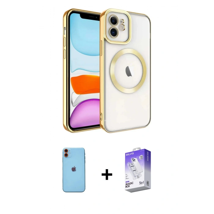 MARSİLYAN™- iPhone 11 Kılıf Nova Işık Özel Seri - Siyah Bilvis 5in1 3D Magic Cam Ekran Koruyucu + Turuncu Neon Fosforlu Kamera Lens