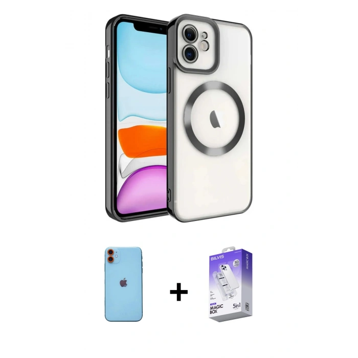 MARSİLYAN™- iPhone 11 Kılıf Nova Işık Özel Seri - Siyah Bilvis 5in1 3D Magic Cam Ekran Koruyucu + Turuncu Neon Fosforlu Kamera Lens