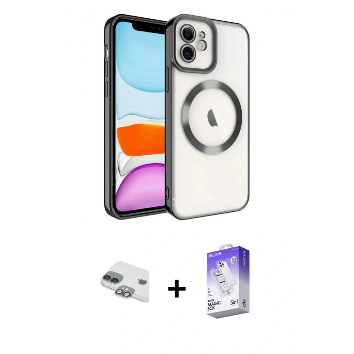 MARSİLYAN™- iPhone 11 Kılıf Nova Işık Özel Seri - Siyah Bilvis 5in1 3D Magic Cam Ekran Koruyucu + Pers Alüminyum Kamera Lens - YL