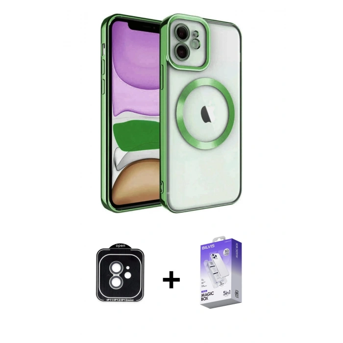 MARSİLYAN™- iPhone 11 Kılıf Nova Işık Özel Seri - Siyah Bilvis 5in1 3D Magic Cam Ekran Koruyucu + Yeşil PVD Metal Kamera Lens
