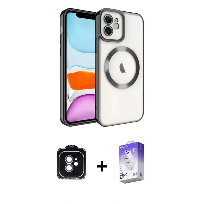 MARSİLYAN™- iPhone 11 Kılıf Nova Işık Özel Seri - Siyah Bilvis 5in1 3D Magic Cam Ekran Koruyucu + Yeşil PVD Metal Kamera Lens