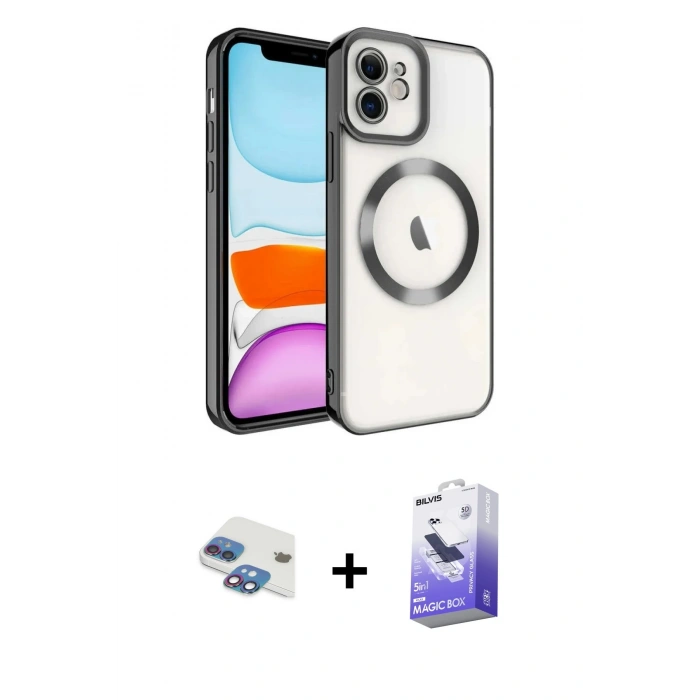 MARSİLYAN™- iPhone 11 Kılıf Nova Işık Özel Seri - Siyah Bilvis 5in1 5D Magic Hayalet Cam Ekran Koruyucu + Pers Alüminyum Kamera Lens - GI