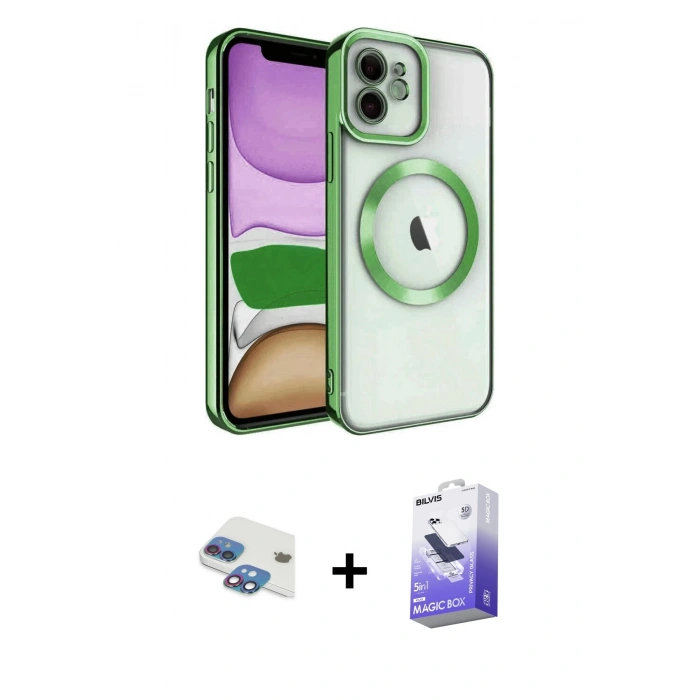 MARSİLYAN™- iPhone 11 Kılıf Nova Işık Özel Seri - Siyah Bilvis 5in1 5D Magic Hayalet Cam Ekran Koruyucu + Pers Alüminyum Kamera Lens - GI