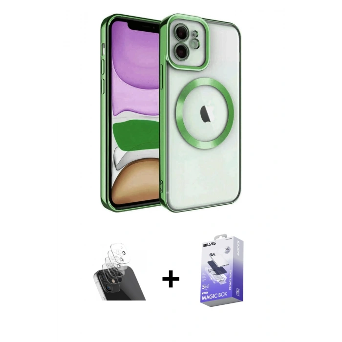 MARSİLYAN™- iPhone 11 Kılıf Nova Işık Özel Seri - Siyah Bilvis 5in1 5D Magic Hayalet Cam Ekran Koruyucu + Kamera Lens Koruma Cam - SF