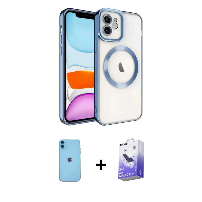 MARSİLYAN™- iPhone 11 Kılıf Nova Işık Özel Seri - Siyah Bilvis 5in1 5D Magic Hayalet Cam Ekran Koruyucu + Mavi Neon Fosforlu Kamera Lens