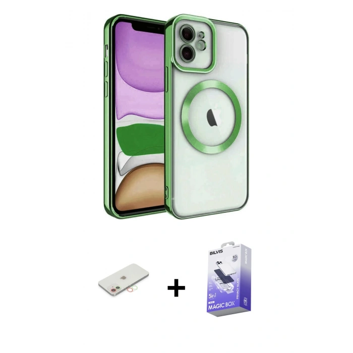MARSİLYAN™- iPhone 11 Kılıf Nova Işık Özel Seri - Siyah Bilvis 5in1 5D Magic Hayalet Cam Ekran Koruyucu + Renkli Kamera Lens Koruma Cam - YL