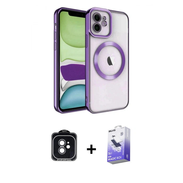 MARSİLYAN™- iPhone 11 Kılıf Nova Işık Özel Seri - Siyah Bilvis 5in1 5D Magic Hayalet Cam Ekran Koruyucu + Siyah PVD Metal Kamera Lens