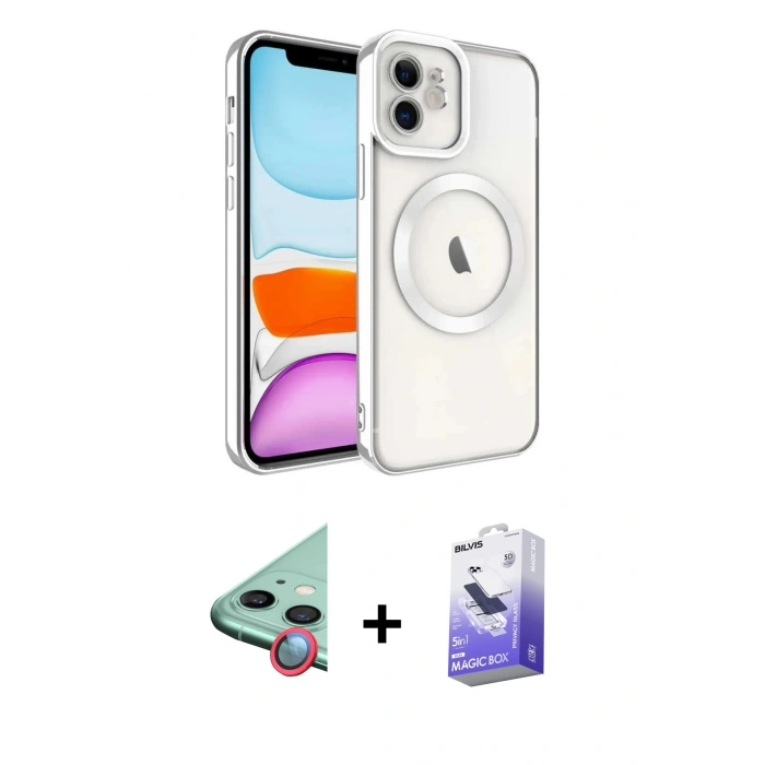 MARSİLYAN™- iPhone 11 Kılıf Nova Işık Özel Seri - Siyah Bilvis 5in1 5D Magic Hayalet Cam Ekran Koruyucu + Raze Metal Kamera Lens - KI