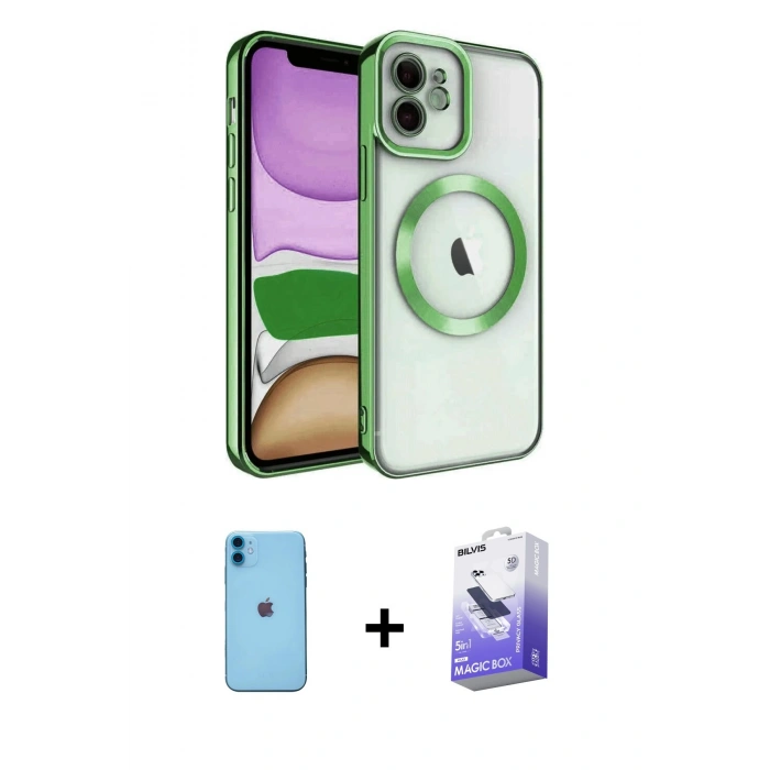 MARSİLYAN™- iPhone 11 Kılıf Nova Işık Özel Seri - Siyah Bilvis 5in1 5D Magic Hayalet Cam Ekran Koruyucu + Mavi Neon Fosforlu Kamera Lens
