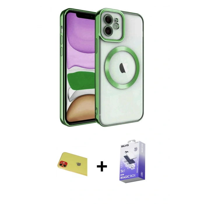MARSİLYAN™- iPhone 11 Kılıf Nova Işık Özel Seri - Siyah Bilvis 5in1 5D Magic Hayalet Cam Ekran Koruyucu + Rainbow Kamera Lens Koruma Cam - KI