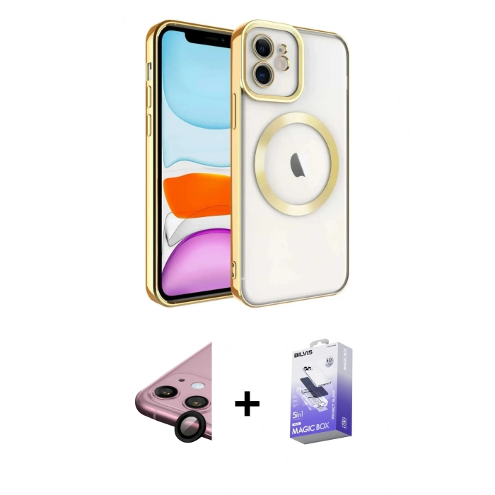 MARSİLYAN™- iPhone 11 Kılıf Nova Işık Özel Seri - Siyah Bilvis 5in1 5D Magic Hayalet Cam Ekran Koruyucu + Raze Metal Kamera Lens - SH