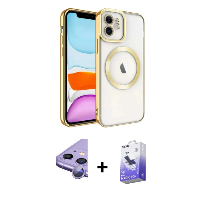 MARSİLYAN™- iPhone 11 Kılıf Nova Işık Özel Seri - Siyah Bilvis 5in1 5D Magic Hayalet Cam Ekran Koruyucu + Raze Metal Kamera Lens - MR