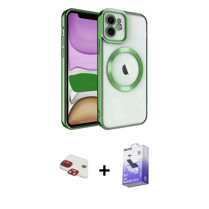 MARSİLYAN™- iPhone 11 Kılıf Nova Işık Özel Seri - Siyah Bilvis 5in1 5D Magic Hayalet Cam Ekran Koruyucu + Pers Alüminyum Kamera Lens - KI
