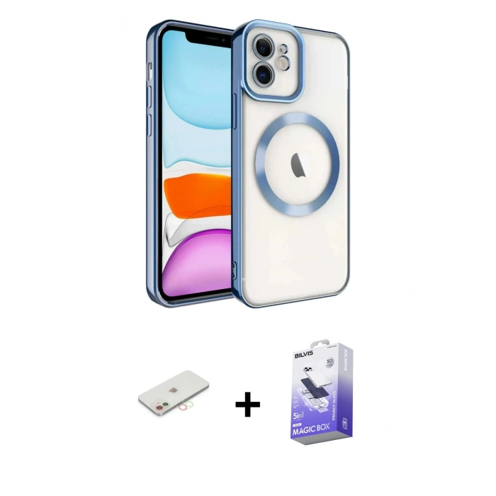 MARSİLYAN™- iPhone 11 Kılıf Nova Işık Özel Seri - Siyah Bilvis 5in1 5D Magic Hayalet Cam Ekran Koruyucu + Renkli Kamera Lens Koruma Cam - YL