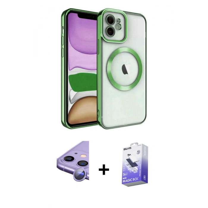 MARSİLYAN™- iPhone 11 Kılıf Nova Işık Özel Seri - Siyah Bilvis 5in1 5D Magic Hayalet Cam Ekran Koruyucu + Raze Metal Kamera Lens - MR