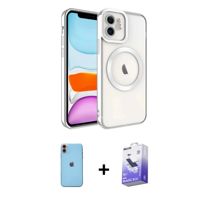 MARSİLYAN™- iPhone 11 Kılıf Nova Işık Özel Seri - Siyah Bilvis 5in1 5D Magic Hayalet Cam Ekran Koruyucu + Turuncu Neon Fosforlu Kamera Lens