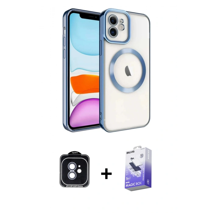 MARSİLYAN™- iPhone 11 Kılıf Nova Işık Özel Seri - Siyah Bilvis 5in1 5D Magic Hayalet Cam Ekran Koruyucu + PVD Metal Kamera Lens - MI