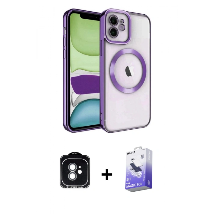 MARSİLYAN™- iPhone 11 Kılıf Nova Işık Özel Seri - Siyah Bilvis 5in1 5D Magic Hayalet Cam Ekran Koruyucu + PVD Metal Kamera Lens - YL
