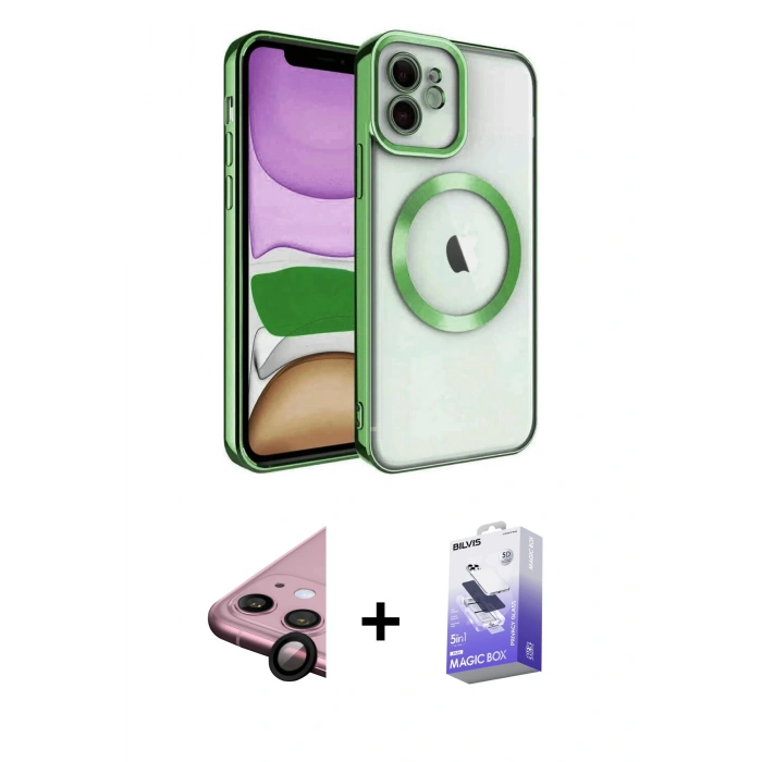 MARSİLYAN™- iPhone 11 Kılıf Nova Işık Özel Seri - Siyah Bilvis 5in1 5D Magic Hayalet Cam Ekran Koruyucu + Raze Metal Kamera Lens - SH