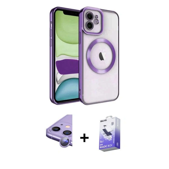 MARSİLYAN™- iPhone 11 Kılıf Nova Işık Özel Seri - Siyah Bilvis 5in1 5D Magic Hayalet Cam Ekran Koruyucu + Raze Metal Kamera Lens - MR