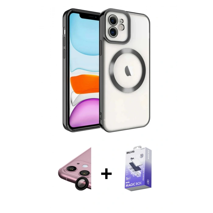 MARSİLYAN™- iPhone 11 Kılıf Nova Işık Özel Seri - Siyah Bilvis 5in1 5D Magic Hayalet Cam Ekran Koruyucu + Raze Metal Kamera Lens - SH