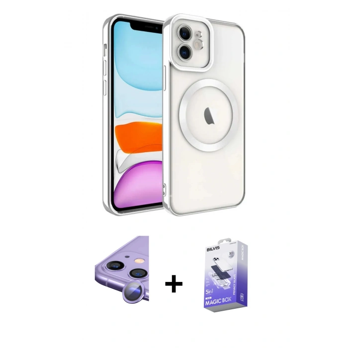 MARSİLYAN™- iPhone 11 Kılıf Nova Işık Özel Seri - Siyah Bilvis 5in1 5D Magic Hayalet Cam Ekran Koruyucu + Raze Metal Kamera Lens - MR