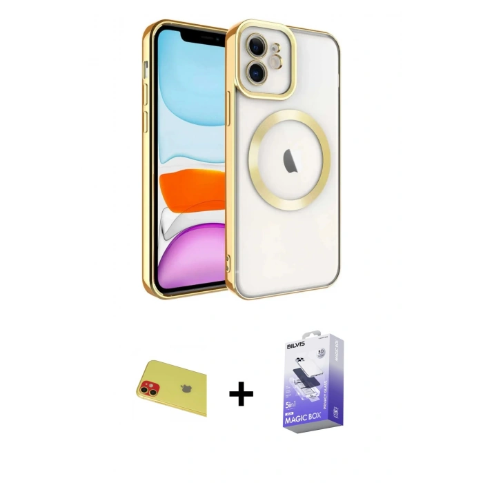 MARSİLYAN™- iPhone 11 Kılıf Nova Işık Özel Seri - Siyah Bilvis 5in1 5D Magic Hayalet Cam Ekran Koruyucu + Rainbow Kamera Lens Koruma Cam - KI