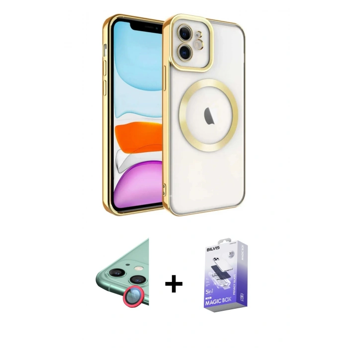 MARSİLYAN™- iPhone 11 Kılıf Nova Işık Özel Seri - Siyah Bilvis 5in1 5D Magic Hayalet Cam Ekran Koruyucu + Raze Metal Kamera Lens - KI