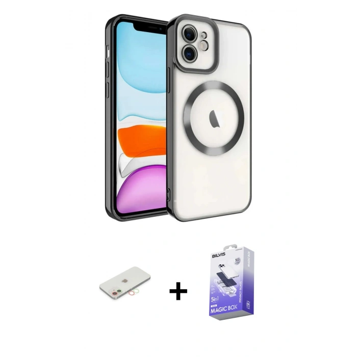 MARSİLYAN™- iPhone 11 Kılıf Nova Işık Özel Seri - Siyah Bilvis 5in1 5D Magic Hayalet Cam Ekran Koruyucu + Renkli Kamera Lens Koruma Cam - YL