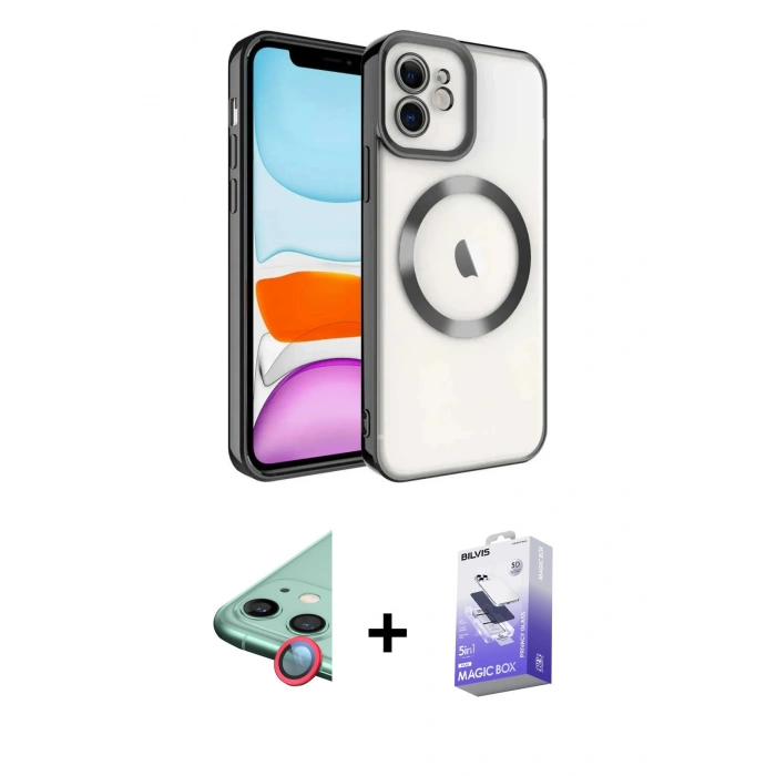 MARSİLYAN™- iPhone 11 Kılıf Nova Işık Özel Seri - Siyah Bilvis 5in1 5D Magic Hayalet Cam Ekran Koruyucu + Raze Metal Kamera Lens - KI
