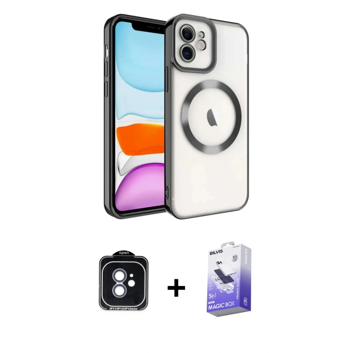 MARSİLYAN™- iPhone 11 Kılıf Nova Işık Özel Seri - Siyah Bilvis 5in1 5D Magic Hayalet Cam Ekran Koruyucu + PVD Metal Kamera Lens - MI