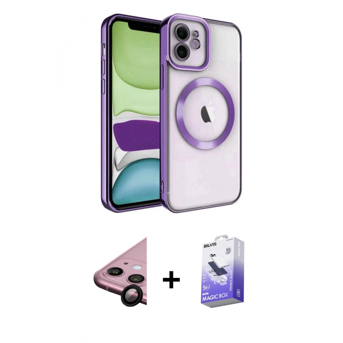 MARSİLYAN™- iPhone 11 Kılıf Nova Işık Özel Seri - Siyah Bilvis 5in1 5D Magic Hayalet Cam Ekran Koruyucu + Raze Metal Kamera Lens - SH