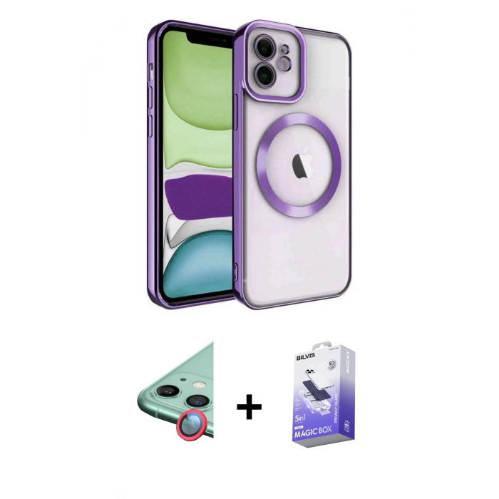 MARSİLYAN™- iPhone 11 Kılıf Nova Işık Özel Seri - Siyah Bilvis 5in1 5D Magic Hayalet Cam Ekran Koruyucu + Raze Metal Kamera Lens - KI