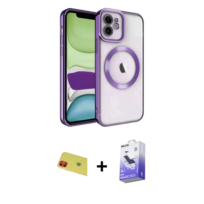 MARSİLYAN™- iPhone 11 Kılıf Nova Işık Özel Seri - Siyah Bilvis 5in1 5D Magic Hayalet Cam Ekran Koruyucu + Rainbow Kamera Lens Koruma Cam - KI