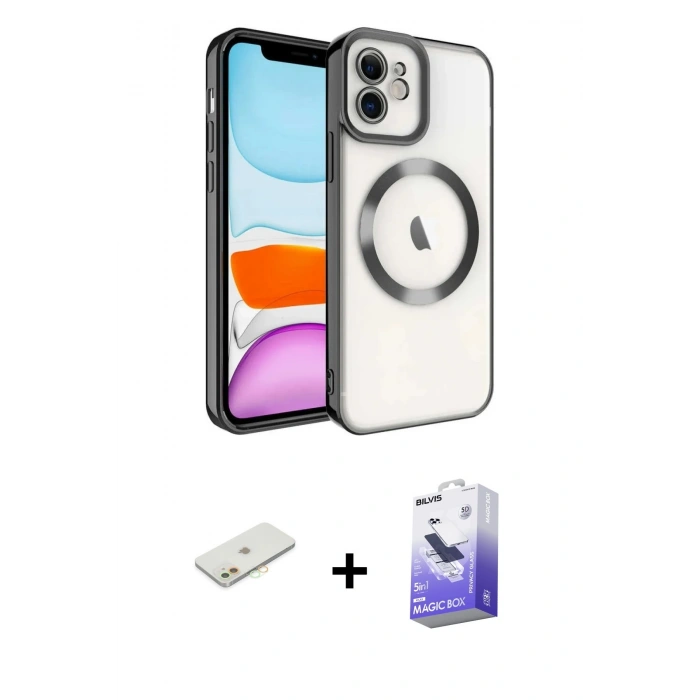 MARSİLYAN™- iPhone 11 Kılıf Nova Işık Özel Seri - Siyah Bilvis 5in1 5D Magic Hayalet Cam Ekran Koruyucu + Renkli Kamera Lens Koruma Cam - TU