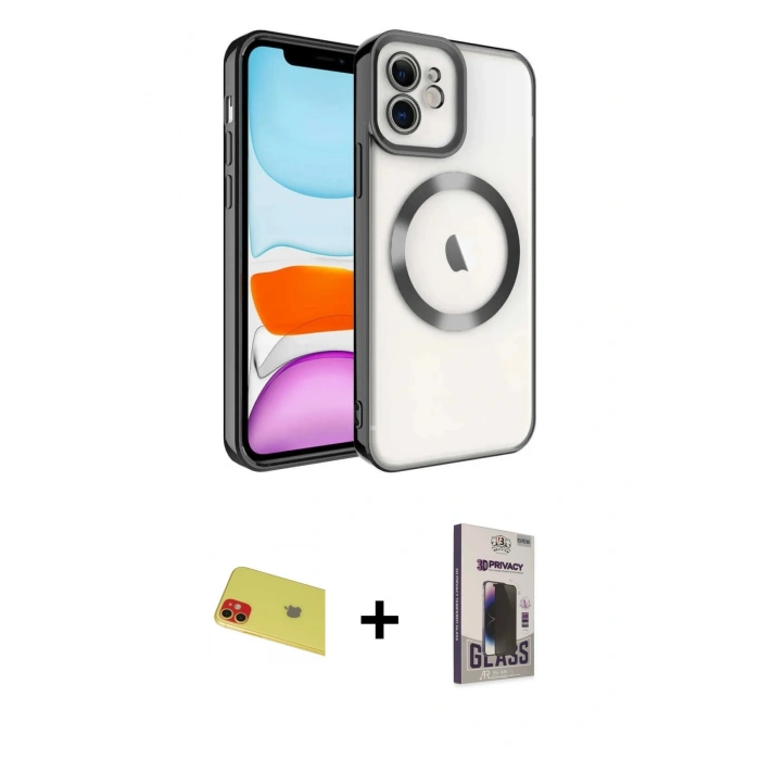 MARSİLYAN™- iPhone 11 Kılıf Nova Işık Özel Seri - Siyah Bilvis Hayalet Cam Ekran Koruyucu + Rainbow Kamera Lens Koruma Cam - KI