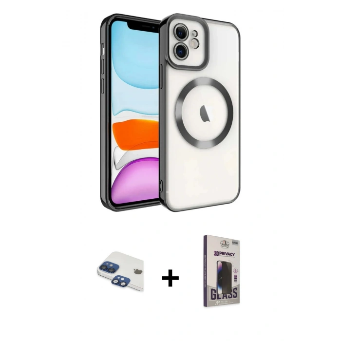MARSİLYAN™- iPhone 11 Kılıf Nova Işık Özel Seri - Siyah Bilvis Hayalet Cam Ekran Koruyucu + Pers Alüminyum Kamera Lens - LT