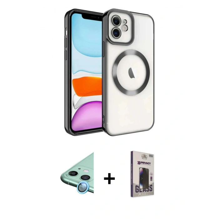 MARSİLYAN™- iPhone 11 Kılıf Nova Işık Özel Seri - Siyah Bilvis Hayalet Cam Ekran Koruyucu + Raze Metal Kamera Lens - MI