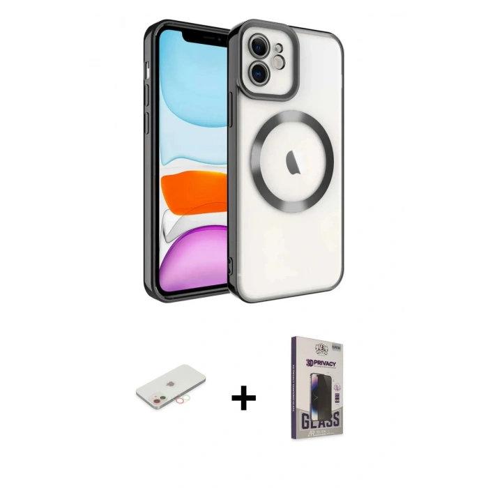 MARSİLYAN™- iPhone 11 Kılıf Nova Işık Özel Seri - Siyah Bilvis Hayalet Cam Ekran Koruyucu + Renkli Kamera Lens Koruma Cam - YL