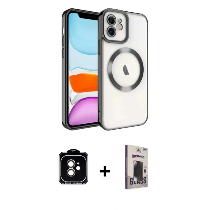 MARSİLYAN™- iPhone 11 Kılıf Nova Işık Özel Seri - Siyah Bilvis Hayalet Cam Ekran Koruyucu + PVD Metal Kamera Lens - TU