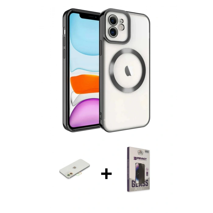 MARSİLYAN™- iPhone 11 Kılıf Nova Işık Özel Seri - Siyah Bilvis Hayalet Cam Ekran Koruyucu + Renkli Kamera Lens Koruma Cam - TU