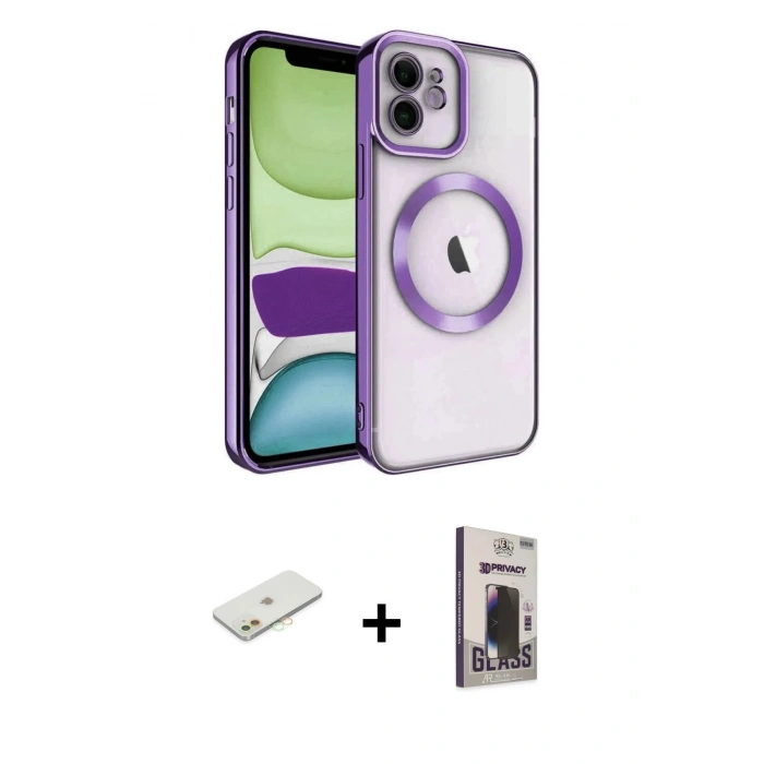 MARSİLYAN™- iPhone 11 Kılıf Nova Işık Özel Seri - Siyah Bilvis Hayalet Cam Ekran Koruyucu + Renkli Kamera Lens Koruma Cam - TU