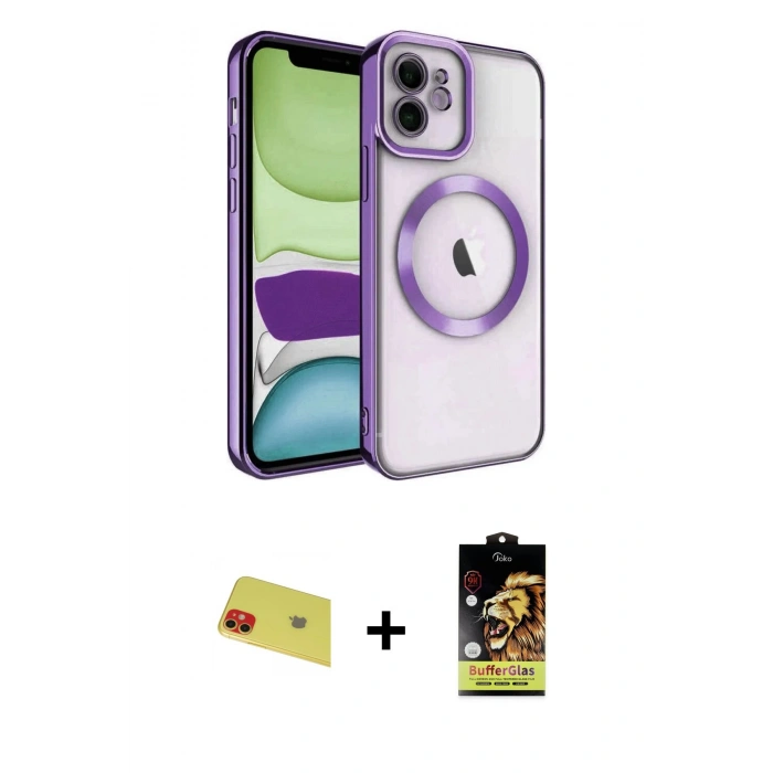 MARSİLYAN™- iPhone 11 Kılıf Nova Işık Özel Seri - Siyah Buffer Cam Ekran Koruyucu + Rainbow Kamera Lens Koruma Cam - KI